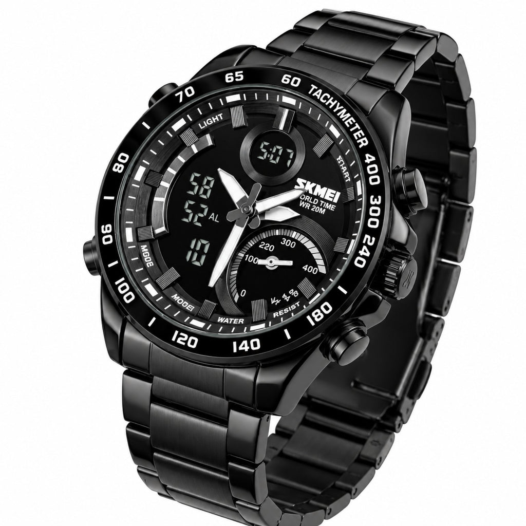 SKMEI black digital analog chronograph watch on white background