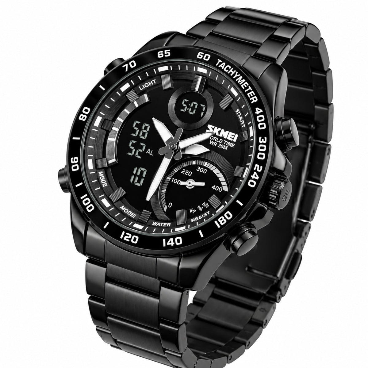 SKMEI black digital analog chronograph watch on white background