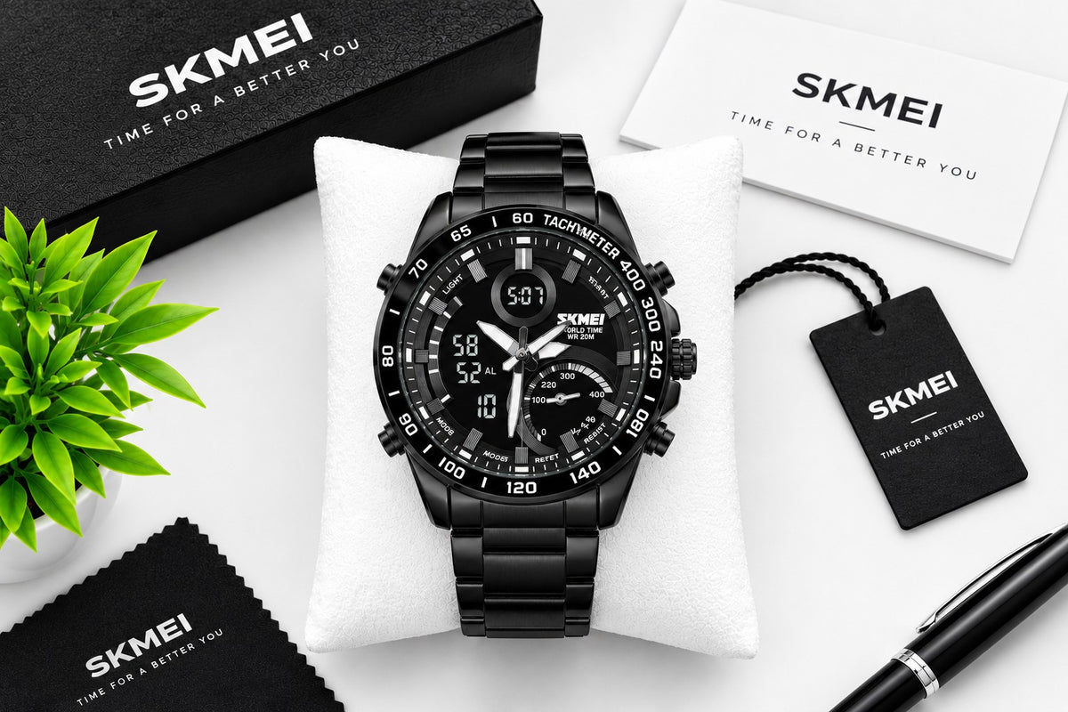 SKMEI black digital analog chronograph watch in premium gift set