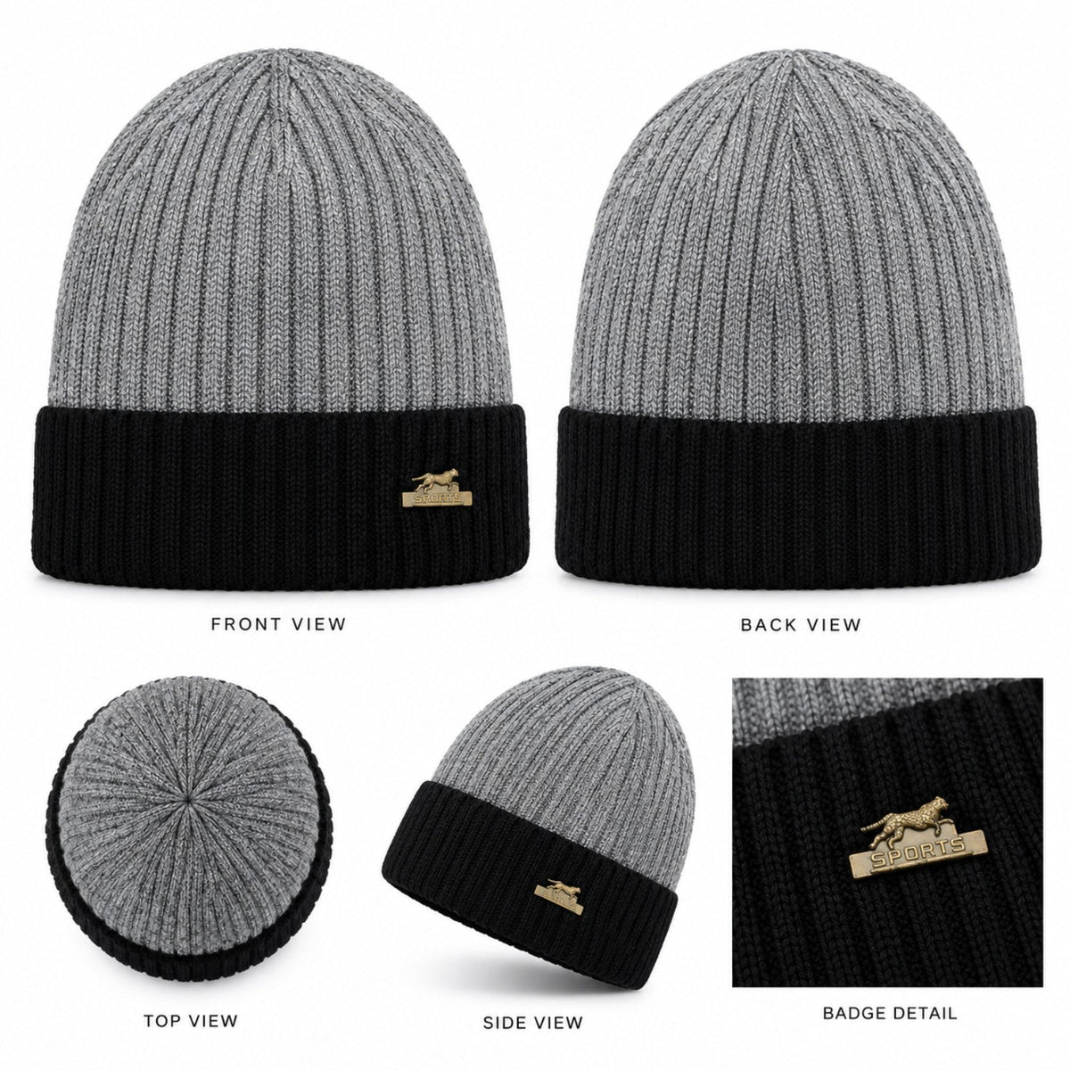 Premium black and grey ribbed knit winter beanie front, back, top and side views