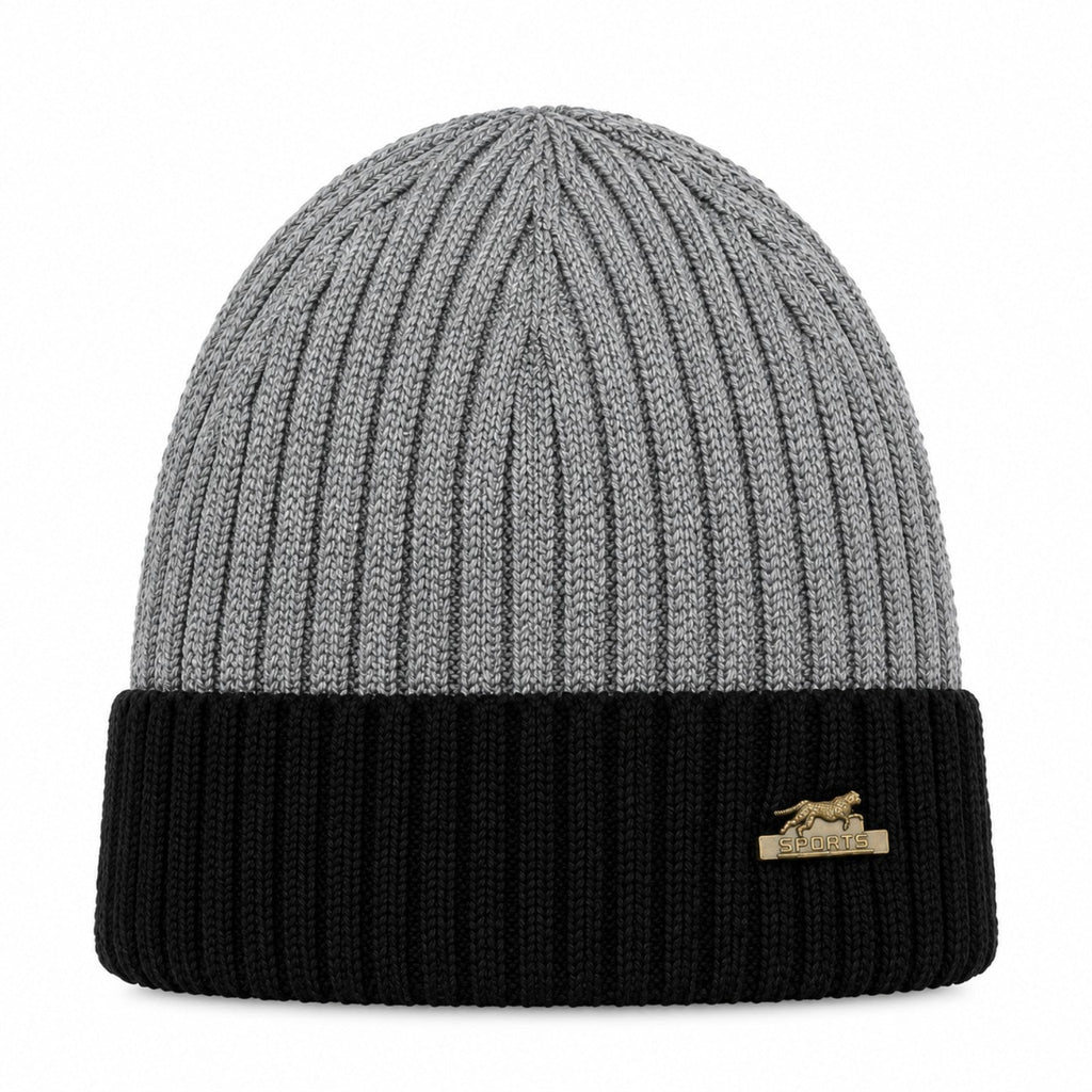 Premium black and grey ribbed knit winter beanie front view