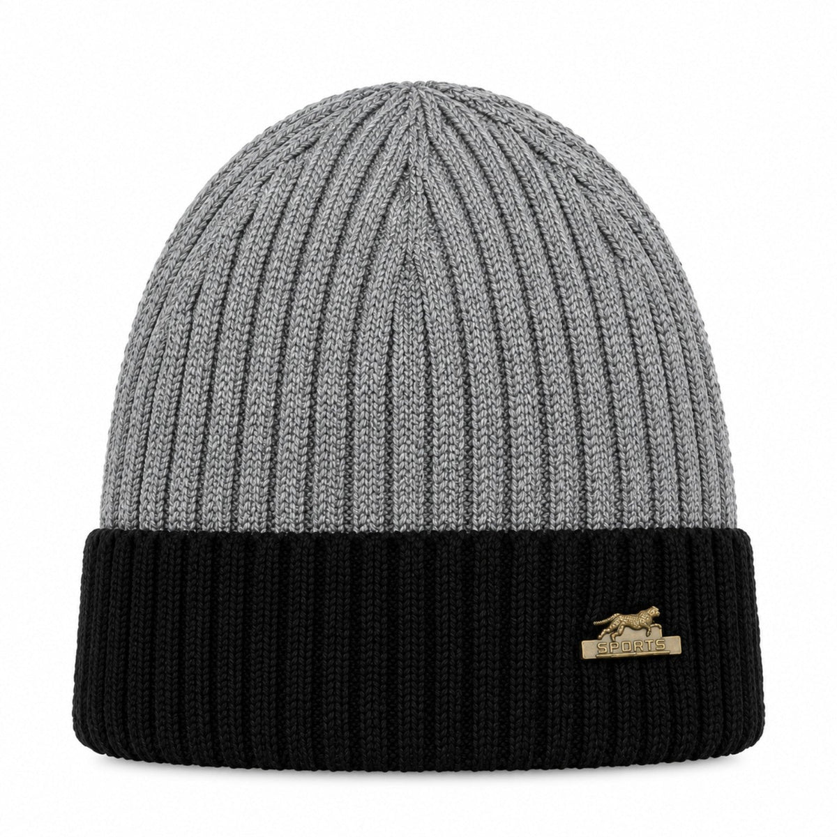 Premium black and grey ribbed knit winter beanie front view