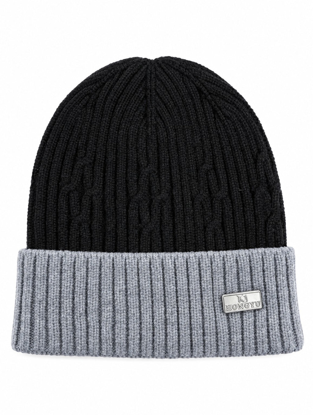 Black and grey knit winter beanie on a white background