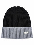 Black and grey knit winter beanie on a white background