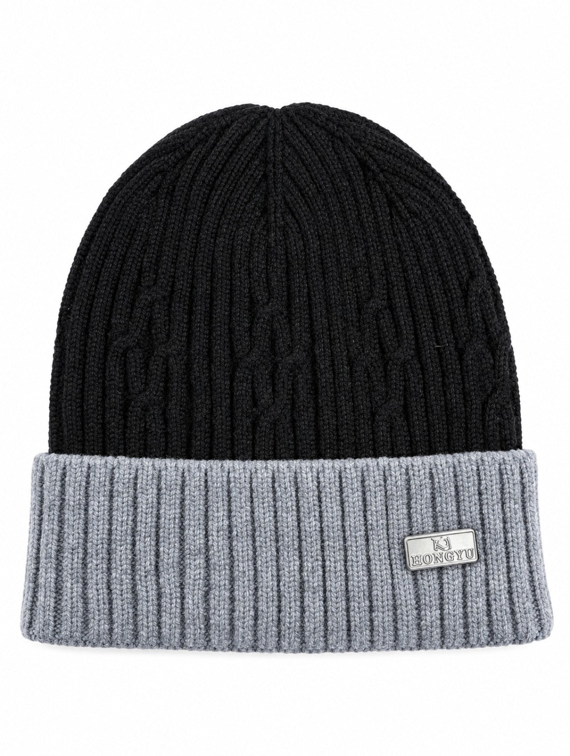Black and grey knit winter beanie on a white background