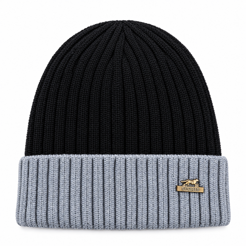 Black and grey ribbed knit winter beanie with gold SPORTS badge on white background