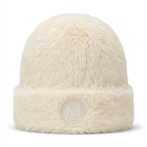 Luxury Faux Fur Winter Beanie with Monogram Patch - Cream White — product image