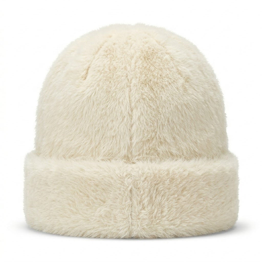 Luxury Faux Fur Winter Beanie with Monogram Patch - Cream White — product image