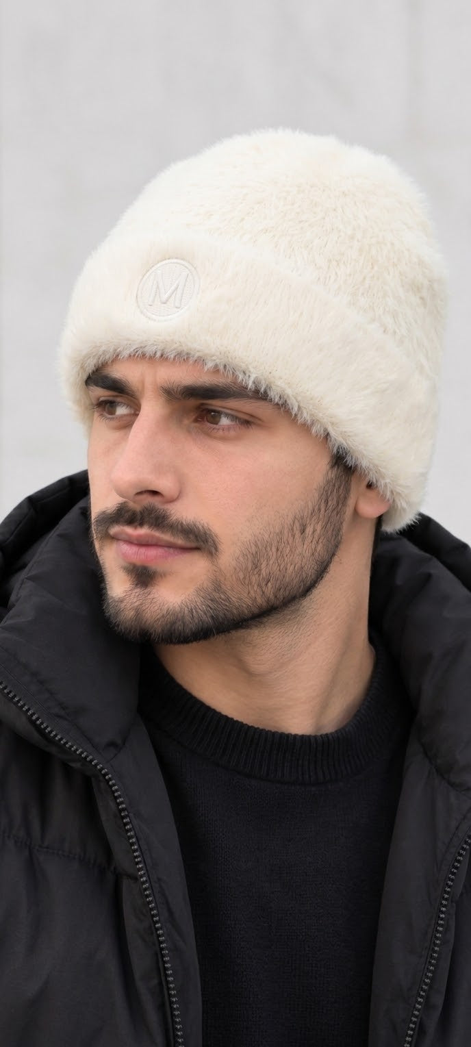 Luxury Faux Fur Winter Beanie with Monogram Patch - Cream White — product image