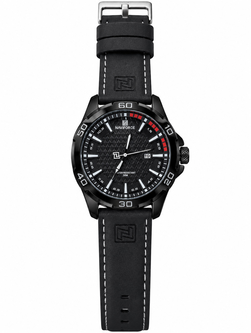 NAVIFORCE Men’s Black Leather Analog Watch – 30M Water Resistant — product image