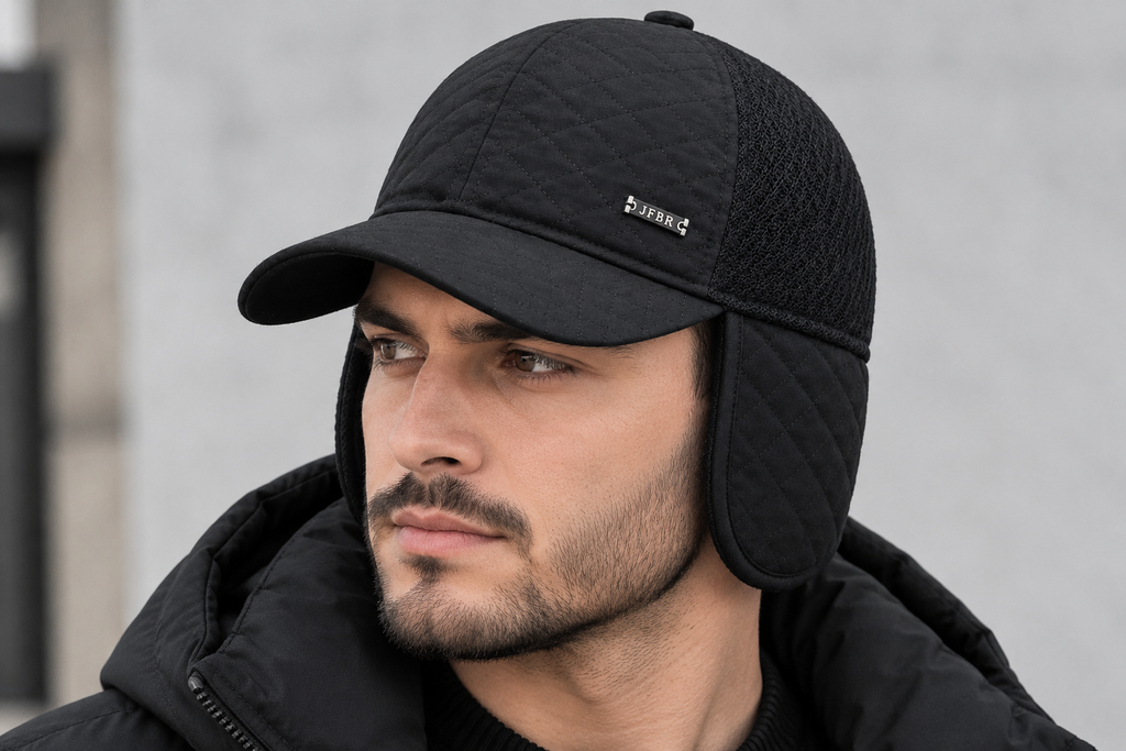 Men’s Black Winter Trapper Hat with Ear Flaps – Warm Quilted Outdoor Cap for Cold Weather — product image