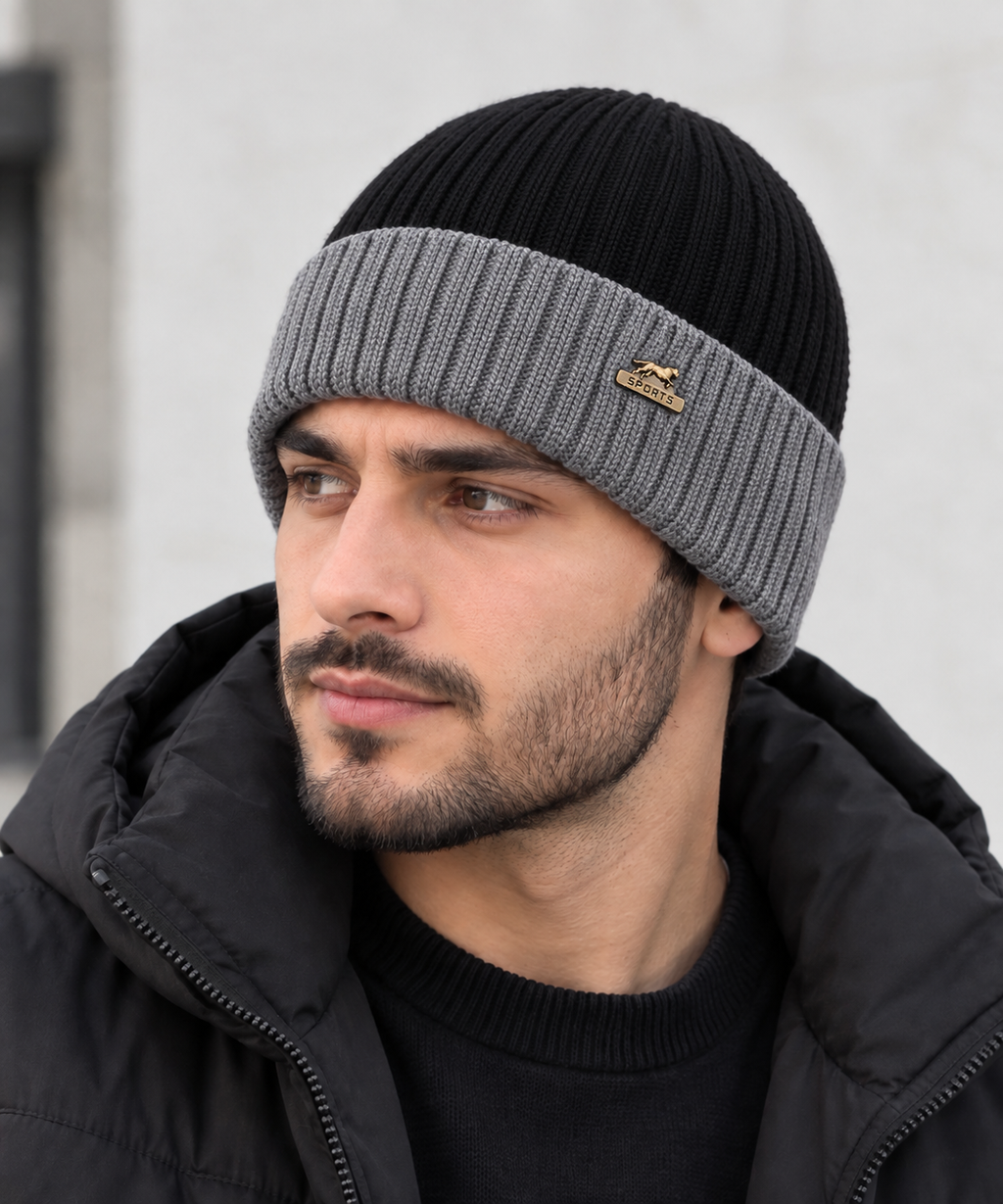 Men's Grey and Black Winter Beanie — product image