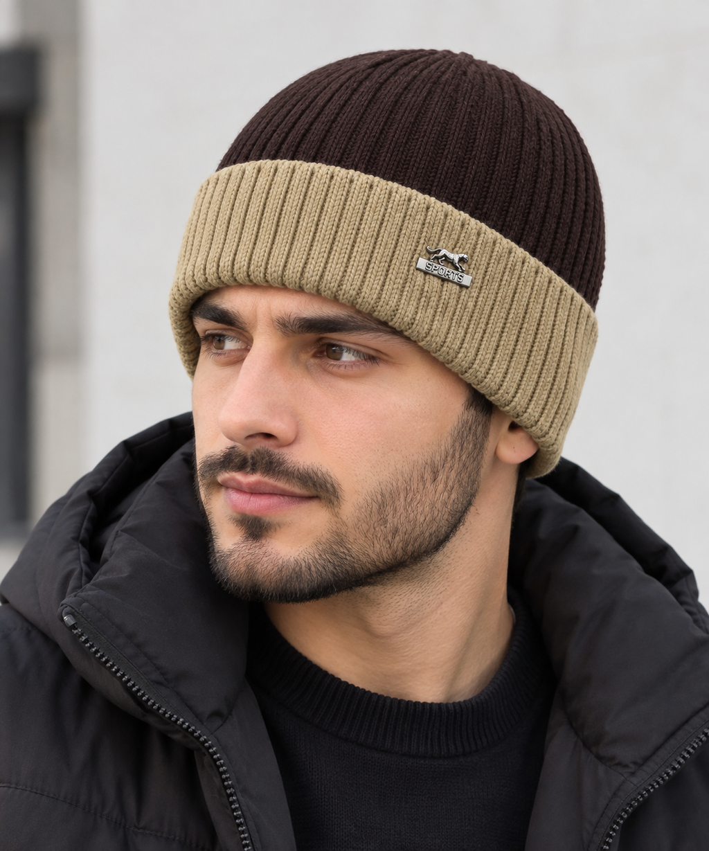 Men's Brown and Beige Knitted Winter Beanie — product image