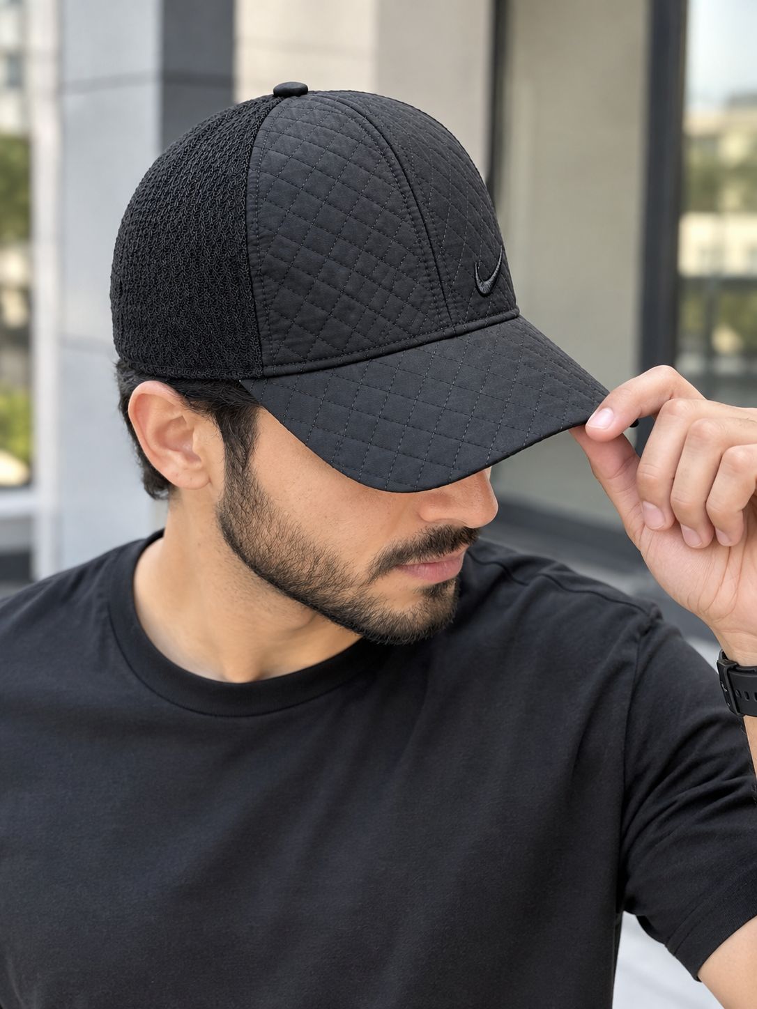 Premium Black Quilted Mesh Cap – Adjustable Sports & Casual Baseball Hat — product image