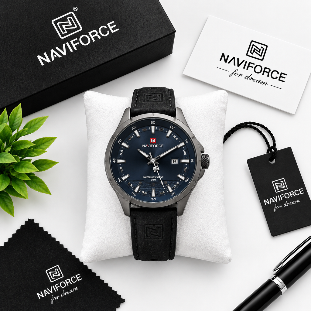 NAVIFORCE Men’s Classic Analog Watch – Blue Dial & Black Leather Strap — product image