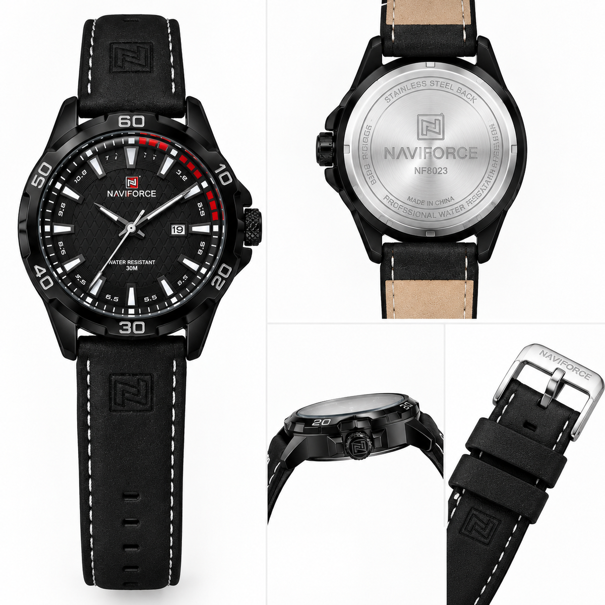 NAVIFORCE Men’s Black Leather Analog Watch – 30M Water Resistant — product image