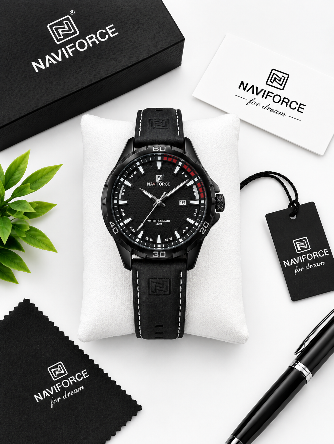 NAVIFORCE Men’s Black Leather Analog Watch – 30M Water Resistant — product image