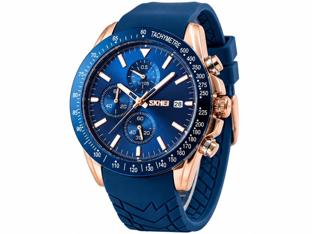 SKMEI blue rose gold chronograph watch front