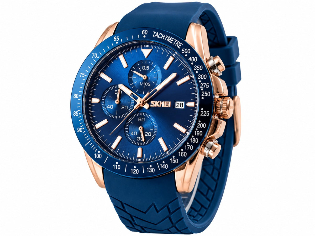 SKMEI blue rose gold chronograph watch front