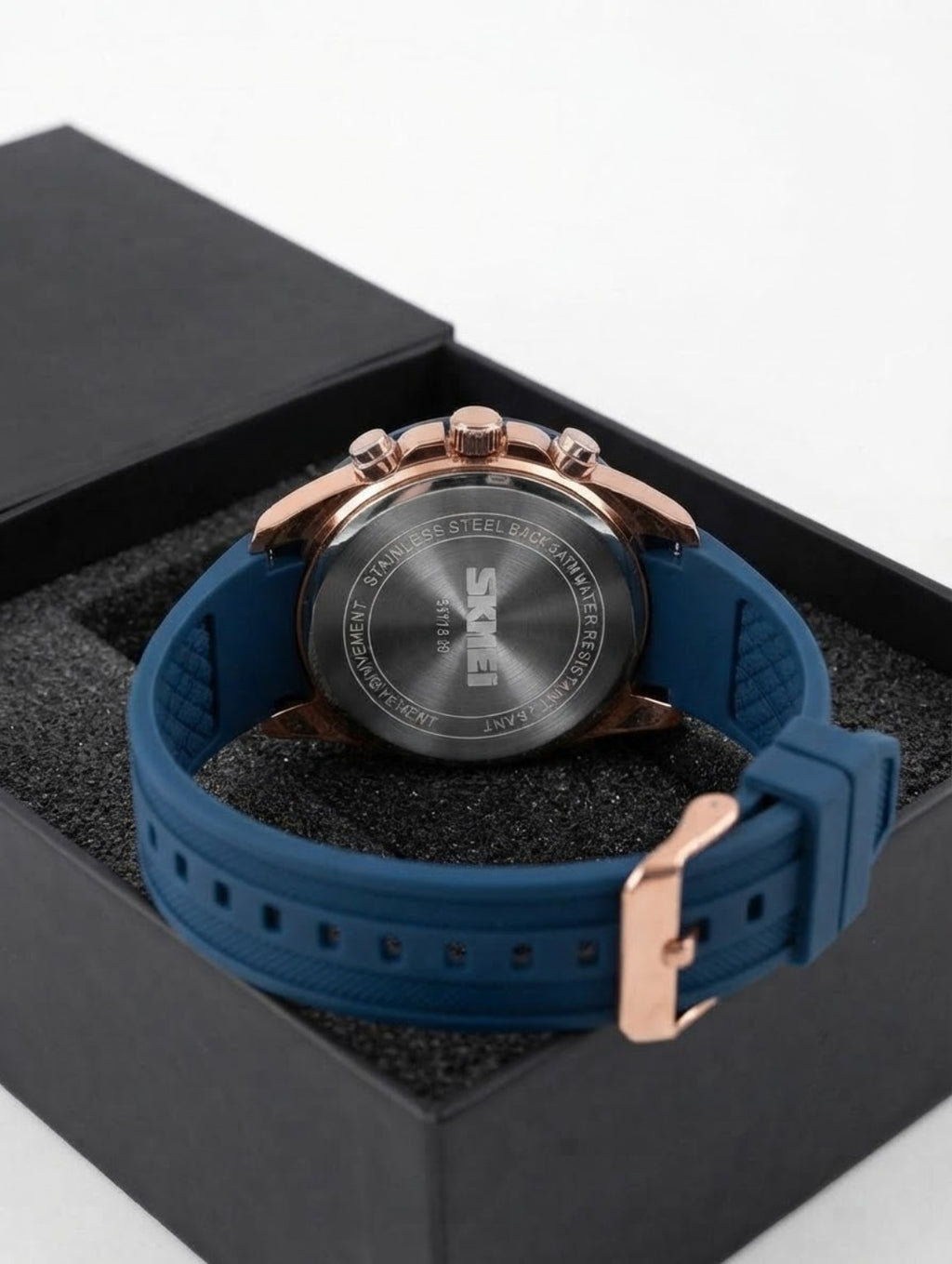 SKMEI blue rose gold chronograph watch stainless steel back