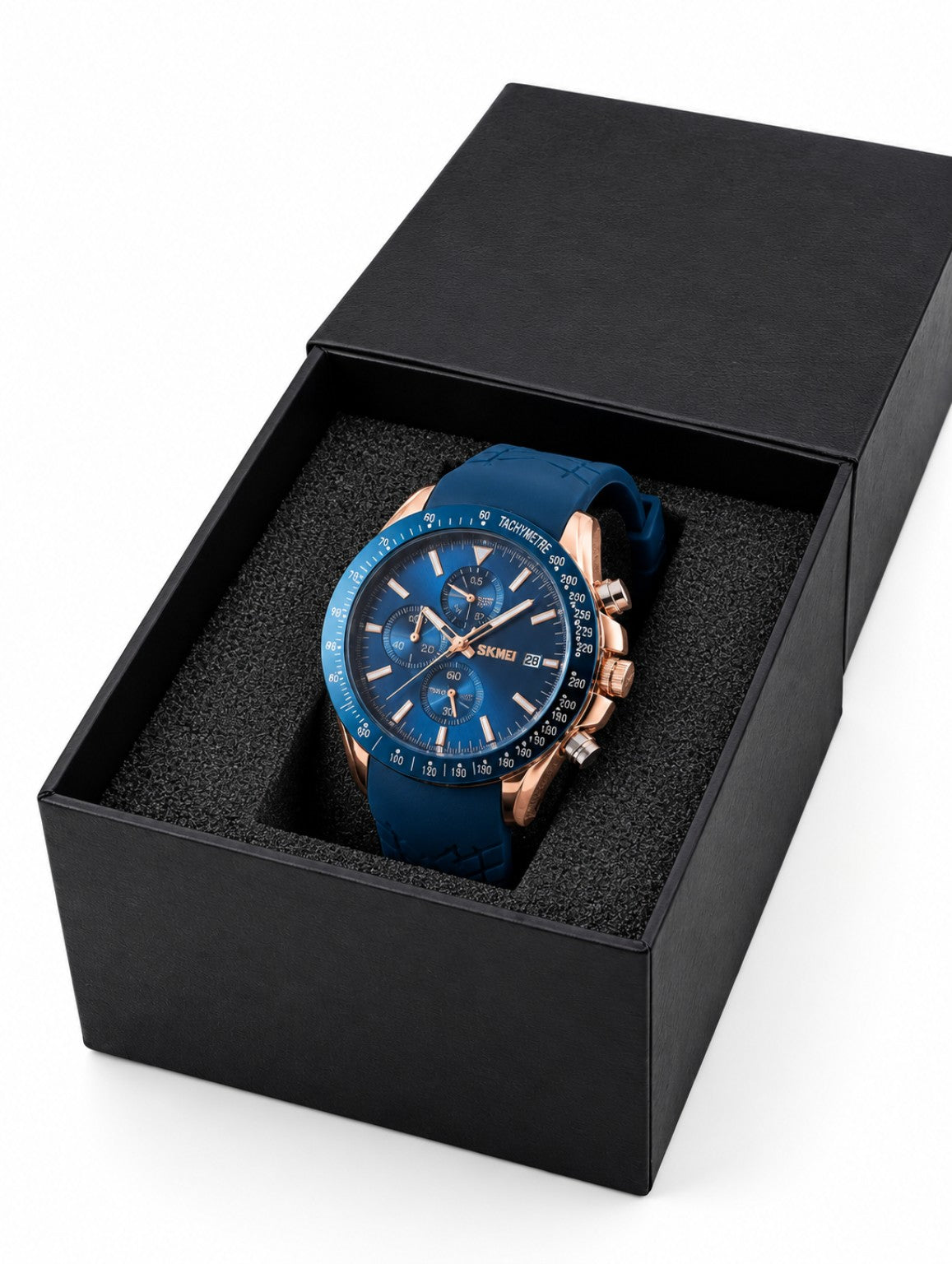 SKMEI blue rose gold chronograph watch with black box