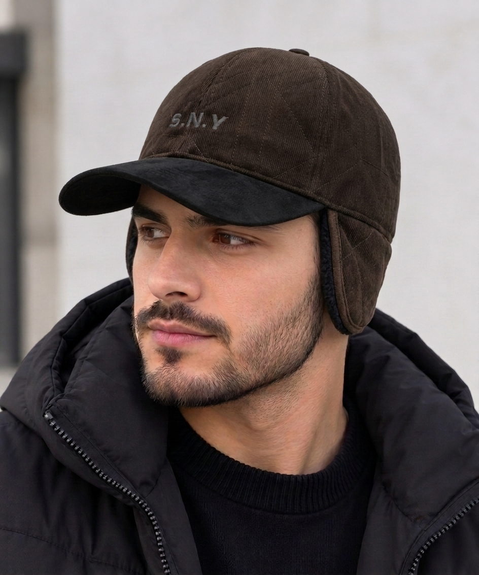 S.N.Y brown and black P-Cap winter ear flap style worn by model